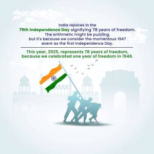 Image depicting India's 77th Independence Day with the national flag, India Gate, and people celebrating.