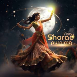 A woman in traditional Indian attire dancing under a full moon with other figures in the background, celebrating Sharad Purnima.