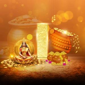 Image of Goddess Lakshmi seated on a lotus with pots of gold and coins