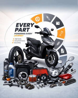 Collection of various motorcycle spare parts and a scooter centered on a promotional background