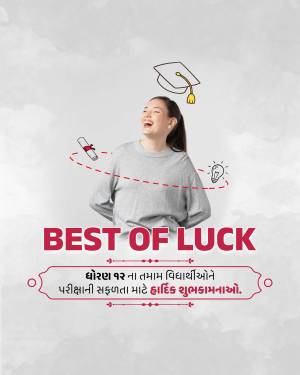 A young woman celebrating with exam related doodles and the text 'Best of Luck'