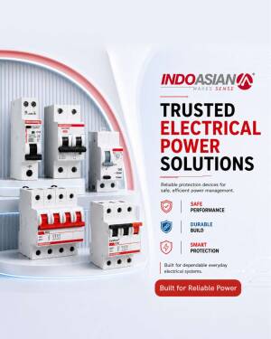 A collection of IndoAsian miniature circuit breakers displayed with promotional text