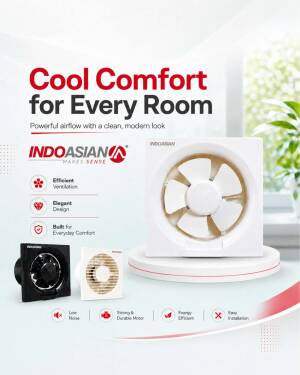 IndoAsian white and black wall mounted ventilation fans shown in a promotional graphic