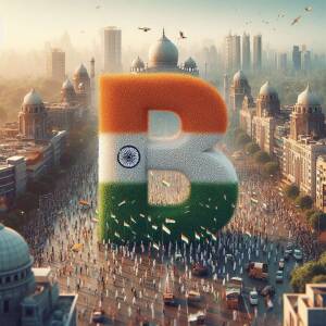 A large letter 'B' designed with the colors of the Indian flag, overlooking a bustling cityscape.