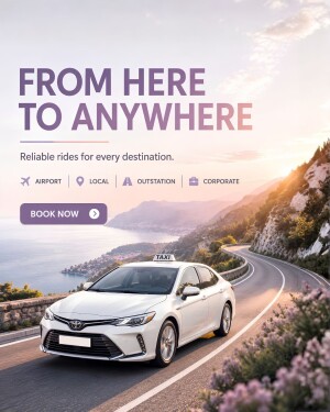A white Toyota taxi car driving on a scenic coastal road at sunset with marketing text promoting reliable ride services.
