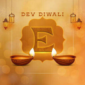 Dev Diwali festival graphic with lamps and the letter E