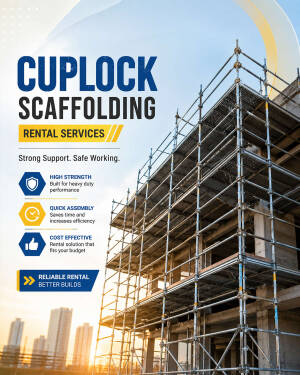A professional advertisement for Cuplock scaffolding rental services featuring a high-rise building under construction.