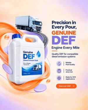 A white jerry can of genuine diesel exhaust fluid (DEF) placed on an orange artistic swirl with a semi-truck in the background