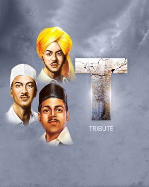 Portraits of Bhagat Singh, Subhas Chandra Bose, and Mahatma Gandhi with a cracked 'T' symbol.