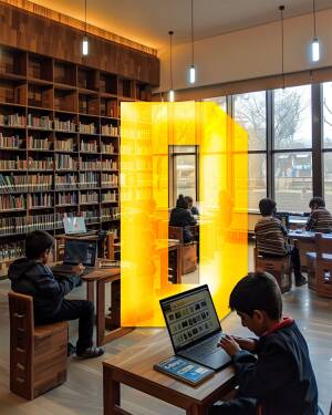 Students using laptops in a brightly lit modern library with a unique orange glass partition.