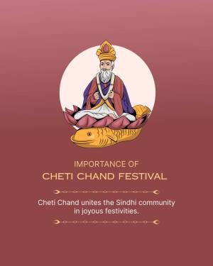 Illustration of Jhulelal, the patron saint of the Sindhi community, on a fish, with text about the Cheti Chand festival.