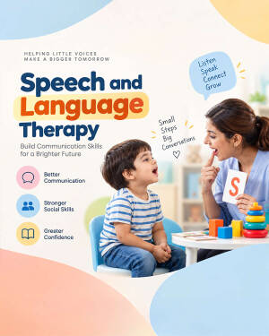 A child participating in speech and language therapy with a therapist holding a flashcard