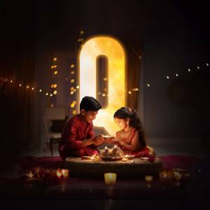 Two children celebrating Diwali with a lit diya and sweets.