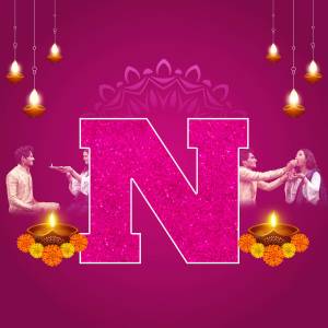 Letter N decorated with Diwali lights and family celebration