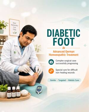 A doctor examining a patient's diabetic foot with homoeopathic medicines and a blood glucose monitor nearby