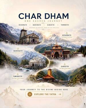 Visual representation of the Char Dham pilgrimage featuring Kedarnath, Badrinath, Gangotri, and Yamunotri temples in the Himalayas.