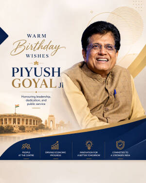 Piyush Goyal smiling, with text saying Warm Birthday Wishes and political icons below