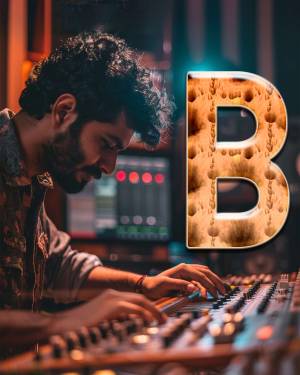 A man with curly hair working on a music mixer with a large letter 'B' in the background.