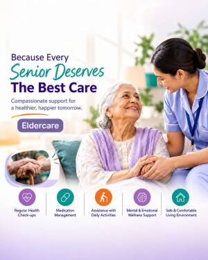 A caregiver smiling and holding the hands of an elderly woman in a comfortable, bright living environment.