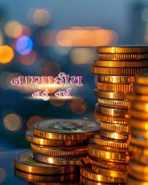 Stacks of coins with blurred city lights and New Year greetings in Thai script.