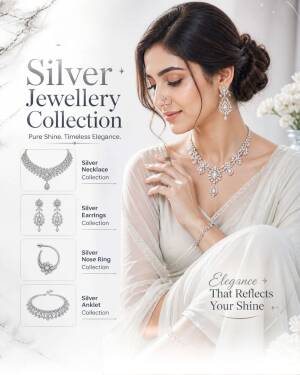 A beautiful woman wearing an elegant silver necklace, earrings, and nose ring from a premium silver jewellery collection.
