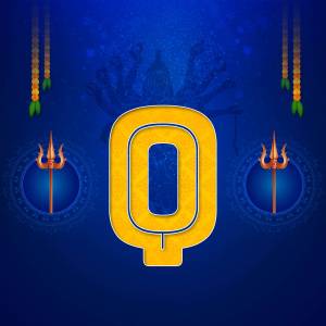 Om symbol in yellow with trishuls and decorative elements on a blue background