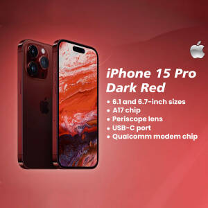 iPhone 15 Pro in Dark Red color with key features listed