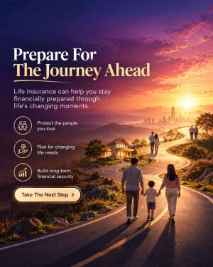 A family walking on a winding road at sunset, representing life insurance and financial planning.