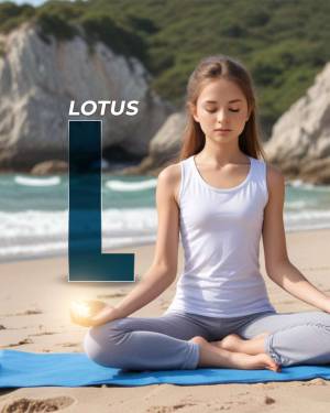 Young woman meditating on the beach with the Lotus logo