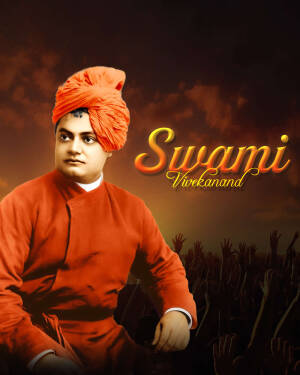 Portrait of Swami Vivekananda with his name in golden text