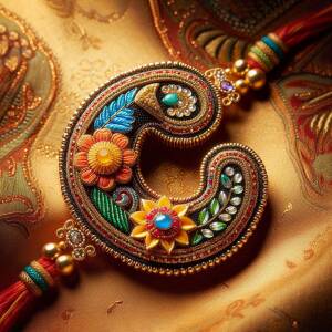 Close-up of a beautifully crafted Rakhi with floral and paisley motifs