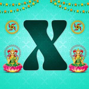 Letter X with Diwali themed decorations including Goddess Lakshmi and Swastika symbols