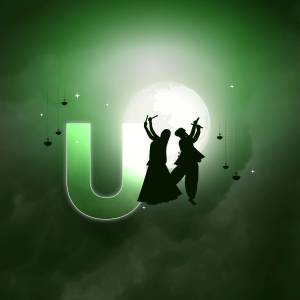 Silhouette of dancers celebrating Navratri with a large letter U and a full moon background