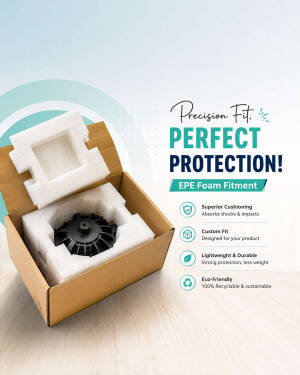 A product packaged in custom EPE foam inside a cardboard box with descriptive text highlighting benefits.