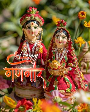 Two traditional Indian dolls dressed as a bride and groom with 'Happy Ganpati' text in Devanagari script.