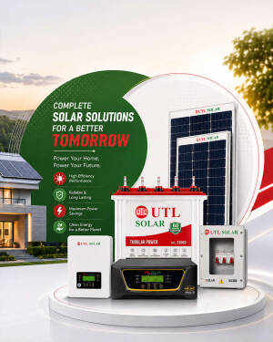 UTL Solar solar panels, inverter, battery, and charge controller on a display platform.
