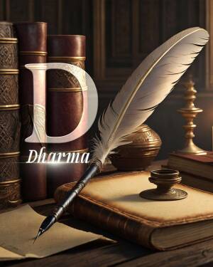 A quill pen and inkwell with old books, featuring the letter 'D' and the word 'Dharma'.