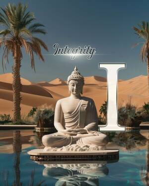 A serene statue of Buddha meditating in a desert landscape with the word 'Integrity' overlaid.