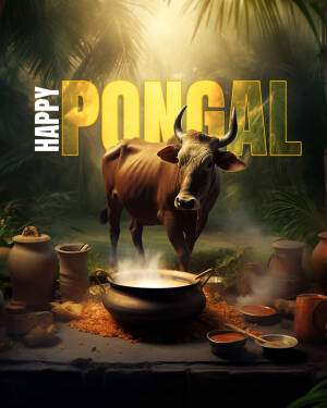 Pongal festival image with a bull and traditional cooking pot
