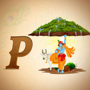 Illustration of Lord Krishna lifting Govardhan Hill to protect villagers from rain