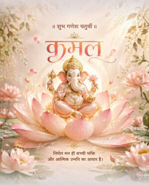 Lord Ganesha sitting on a large blooming pink lotus flower with a soft warm background