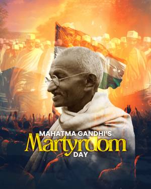 Portrait of Mahatma Gandhi with a crowd and the Indian flag in the background, commemorating Martyrdom Day.