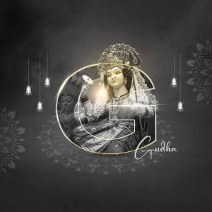 Digital art of Goddess Durga within a stylized 'G' shape