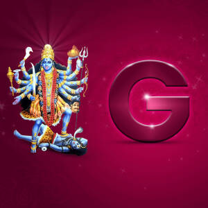Image of Goddess Kali standing on Shiva with a large letter G in the background