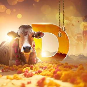 Image of a cow with a large 'D' and floral decorations, representing Gopashtami.
