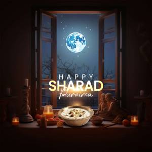A window view of a full moon on Sharad Purnima night with traditional sweets and decorations.
