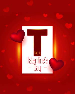 Valentine's Day card with a white frame, a large letter 'T' and heart decorations.