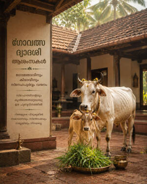 A mother cow and her calf standing in a traditional courtyard decorated for Govatsa Dwadashi with a greeting sign in Malayalam.