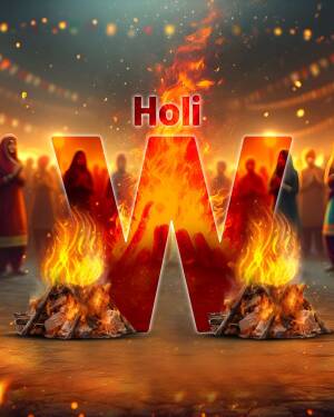 Holi festival image with a large 'W' made of fire and people celebrating in the background.