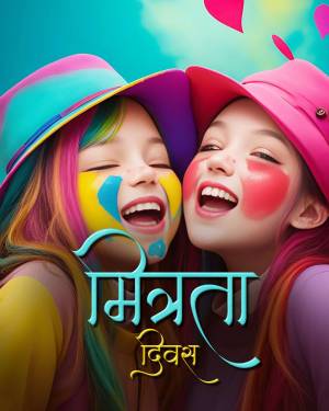 Two young girls covered in colorful Holi powder laughing and smiling.